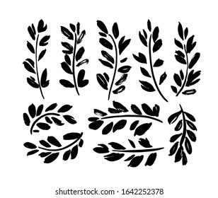 Plant twigs with leaves black paint illustrations set. Hand drawn foliage branch silhouettes isolated on white background. Monochrome botanical design elements with dry brush stroke effect