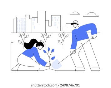 Plant urban greenery isolated cartoon vector illustrations. Group of active citizens plant a tree, urban greenery, responsible attitude, social activity, volunteering movement vector cartoon.