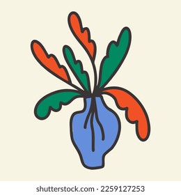 Plant in a vase against white background. Abstract image. Interior poster, postcard, cover. Flat design, cartoon hand drawn, vector illustration.