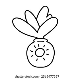 Plant in a vase. Black and white illustration, hand drawn coloring.