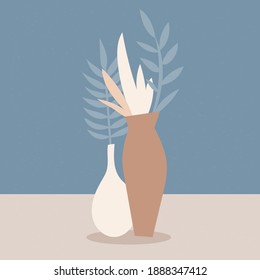 Plant in vase. Boho styke home decor. Vase and plant branch for design party flyer, birthday card, invitation, poster, t shirt print etc