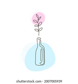 Plant and vase in one line. Glass bottle. Silhouette. Continuous line. Colored spot. Vector stock illustration. White background. Postcard. Print. Doodles. Decor