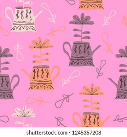 Plant in vase with ornaments on a pink color
