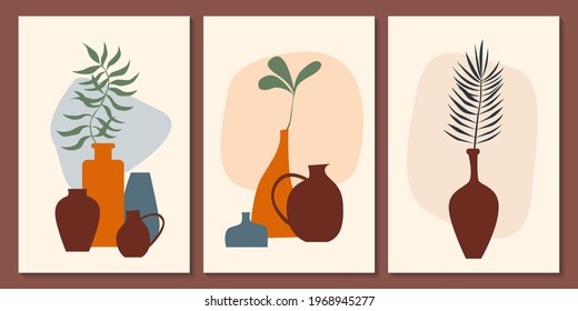 Plant and vase wall art poster set. Minimalist abstract boho posters pattern background collection