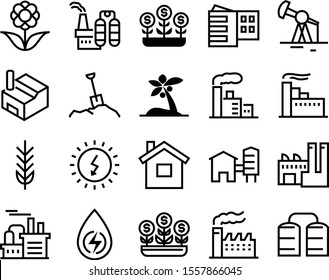 plant vector icon set such as: beach, rig, earth, line, hawaii, manufacturing, energy resource, ecology, heap, green, dirt, containers, palm, stuck, crop, exotic, renewable, site, fossil, solar, cool