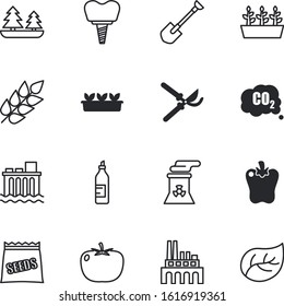 plant vector icon set such as: pruner, wind, screw, chili, exhaust, stomatology, oral, radish, tomato, nut, carrot, peanut, emission, potato, plants, barley, heap, effect, wheat, dioxide, horizontal