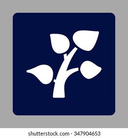 Plant vector icon. Style is flat rounded square button, white and dark blue colors, silver background.