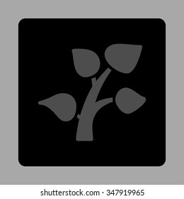 Plant vector icon. Style is flat rounded square button, gray and black colors, silver background.