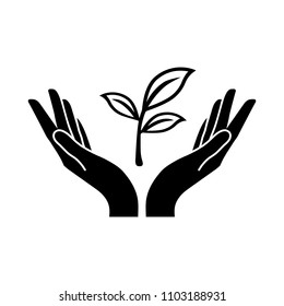 plant vector icon with two human hands. Illustration on a flat design style. EPS 10. Suitable for ecology, agriculture theme.