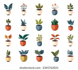 Plant vector illustration flat icon set on white background. Contains like trendy home decor with plant, urban jungle, houseplant, flowerpot, green garden floral and tropical leaves on pot.