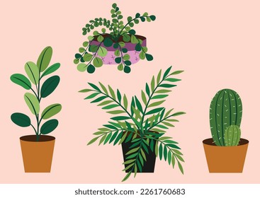 Conjunto de ilustraciones vectoriales vegetales. macetas interiores decorativas para la decoración del hogar, jardín verde