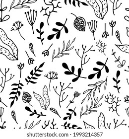 Plant vector seamless pattern, tree wallpaper, black and white leaves.  For wrappers, wallpapers, postcards, greeting cards, wedding invitations, events. Botanical, for fashion, fabric,  and prints.