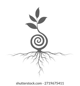 Plant vector with spiral stem and detailed roots. Young sprout isolated on white background. Concept of seed germination. Minimalist plant icon represents nature growth. Abstract linear foliage for ecology design. Spiral abstract seed or grain growing design.