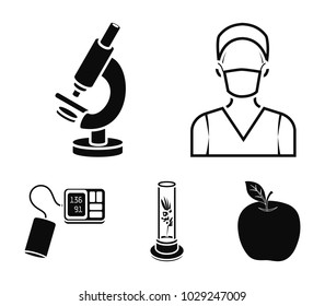 Plant in vitro, nurse, microscope, tonometer. Medicine set collection icons in black style vector symbol stock illustration web.