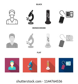 Plant in vitro, nurse, microscope, tonometer. Medicine set collection icons in black, flat, monochrome style vector symbol stock illustration web.