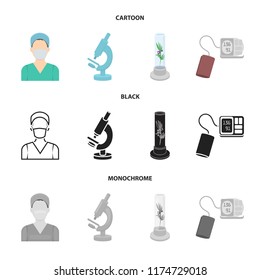 Plant in vitro, nurse, microscope, tonometer. Medicine set collection icons in cartoon,black,monochrome style vector symbol stock illustration web.