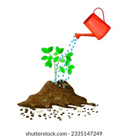 Plant, watering can and soil pile. Young sprout irrigation.Reforestation concept.Watering, fertilization and care sapling.Watering young plants from watering can.Seasonal gardening.Vector illustration