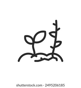 Plant and weed, linear style icon. Roots interfering with plant growth. competition between plants. Editable stroke width