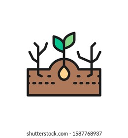 Plant With Weeds, Weed Control Flat Color Line Icon.