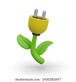 Planta con enchufe eléctrico amarillo en lugar de flor. Energía natural, energía verde