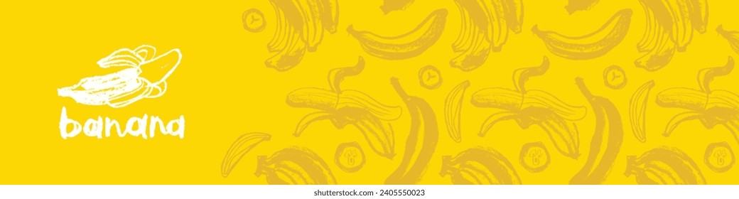 Plantains background for vector bananas banner template with sketch banana seamless pattern. Banana label backdrop. Plantains ornament. Yellow fruits.