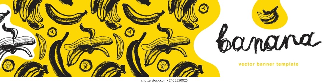 Plantains background for vector bananas banner template with sketch banana seamless pattern. Banana label backdrop. Plantains ornament. Yellow fruits.