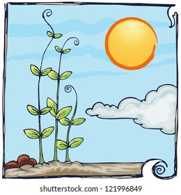 plantation hand draw with sun and cloud background