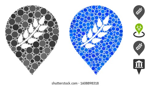 Plantation mark composition of round dots in variable sizes and color tones, based on plantation mark icon. Vector round elements are organized into blue illustration.