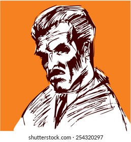 Plantation owner (orange) 3 Man with a mustache. Vector illustration. Sketch.