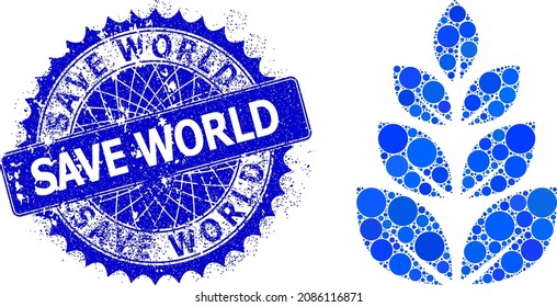 Plantation vector collage of circle dots in variable sizes and blue color hues, and grunge Save World seal. Blue round sharp rosette seal contains Save World title inside.