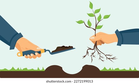 Plantation vector. Two people planting a tree sapling with a shovel.