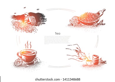 Plantation worker with basket collecting leaves, hot brew cup with lemon slice, tea shop banner