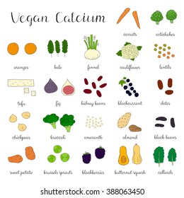 Plant-based calcium. Hand drawn vegan products. Blackcurrant, blackberry, date, brussels sprouts, fennel, collard, amaranth, artichoke, chickpea, almond, lentil, cauliflower, tofu, kale, orange, fig.