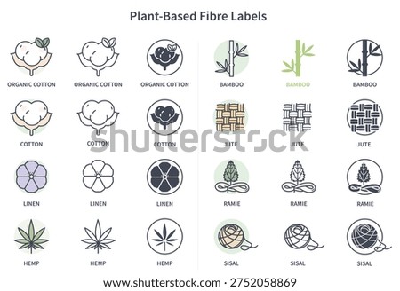 Plant-Based Fibre Labels Icon Set. Cotton, Bamboo, Linen, Hemp, Jute, Ramie, Sisal