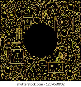 Plant-based food circle frame with thin line icons on black background. Vegetable and fruit food icons in gold color, template with space for text - vector illustration.