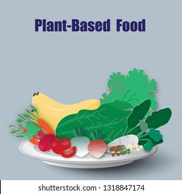 Plant-based food concept,vegetables,fruit and nuts in the dish,vector illustration paper art style.