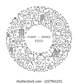 Plant-based food linear concept in circle with thin line icons on white background, template with space for text - vector illustration.