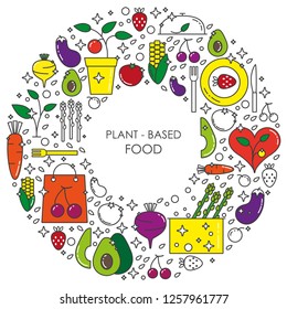 Plant-based food linear concept in circle with thin line icons in bright colors on white background, template with space for text - vector illustration.