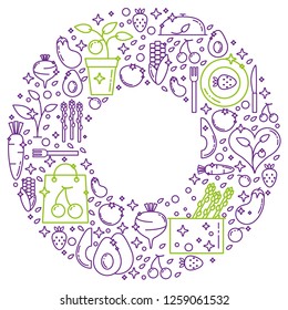 Plant-based food linear concept in circle with thin line icons in purple and green colors on white background, template with space for text - vector illustration.