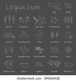 Plant-based iron. Hand drawn outline vegan products. Strawberry, oatmeal, dried apricot, cashew, kale, swiss chard, molasses, prune juice, broccoli, chocolate, spinach, soybean, lima bean, raisin.