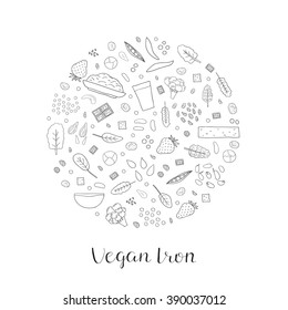 Plant-based iron. Hand drawn outline vegan products in circle. Strawberry, oatmeal, dried apricot, cashew, kale, swiss chard, molasses, prune juice, broccoli, spinach, soybean, lima bean, raisin.