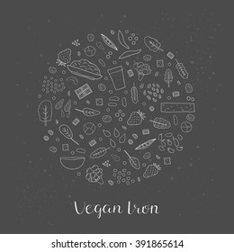 Plant-based iron. Hand drawn outline vegan products in circle. Strawberry, oatmeal, dried apricot, cashew, kale, swiss chard, molasses, prune juice, broccoli, spinach, soybean, lima bean, raisin.