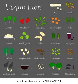 Plant-based iron. Hand drawn vegan products. Strawberry, oatmeal, dried apricot, cashew, kale, swiss chard, molasses, prune juice, broccoli, chocolate, spinach, soybean, lima bean, raisin, tofu.