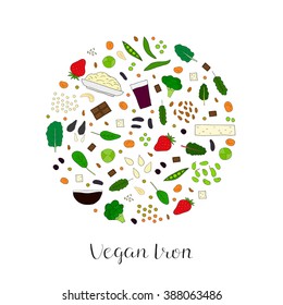 Plant-based iron. Hand drawn vegan products in circle. Strawberry, oatmeal, dried apricot, cashew, kale, swiss chard, molasses, prune juice, broccoli, chocolate, spinach, soybean, lima bean, raisin.