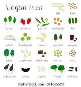 Plant-based iron. Hand drawn vegan products. Strawberry, oatmeal, dried apricot, cashew, kale, swiss chard, molasses, prune juice, broccoli, chocolate, spinach, soybean, lima bean, raisin, tofu.