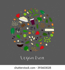 Plant-based iron. Hand drawn vegan products in circle. Strawberry, oatmeal, dried apricot, cashew, kale, swiss chard, molasses, prune juice, broccoli, chocolate, spinach, soybean, lima bean, raisin.