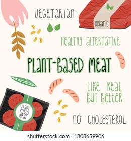 A plant-based meat banner with lettering slogans, like real but better, healthy alternative, vegetarian, no cholesterol. Vegan patties pack, grill sausages, minced, the hand with seedling wheat, beans