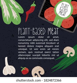Plantilla de banner de carne a base de plantas. Envase de hamburguesas de verduras, setas, ensalada verde como pak choi y cebolla, tomate de cerezo y ajo. Grabado a mano. Ilustración vectorial.