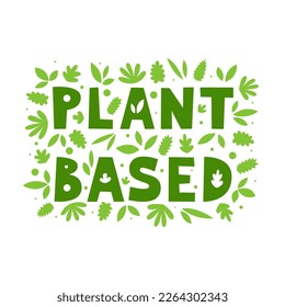 Plant-based meat food lettering. Word with leaves around. Vegetarian and vegan food Vegetables and cereals protein alternative. Sustainable, climate-friendly, ethical, responsible eating concept.