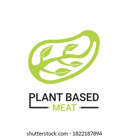 Plant-Based Meat icon. Design by meat chop with branch and leaves inside. Vegetable meat or Artificial meat concept. Flat vector trendy modern meatless bbq logotype graphic element isolated on white